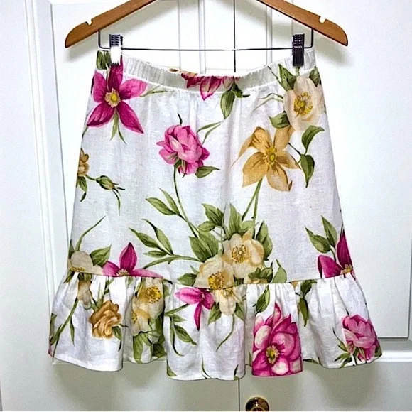 Hot Cotton linen mini skirt, floral print with ruffle, white & pink, S or M - Picture 2 of 8